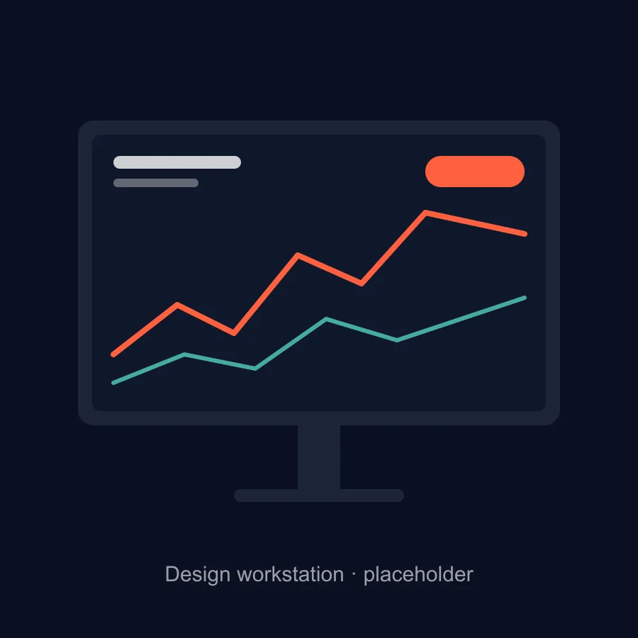 Designer's workstation with an analytics dashboard open on a large monitor
